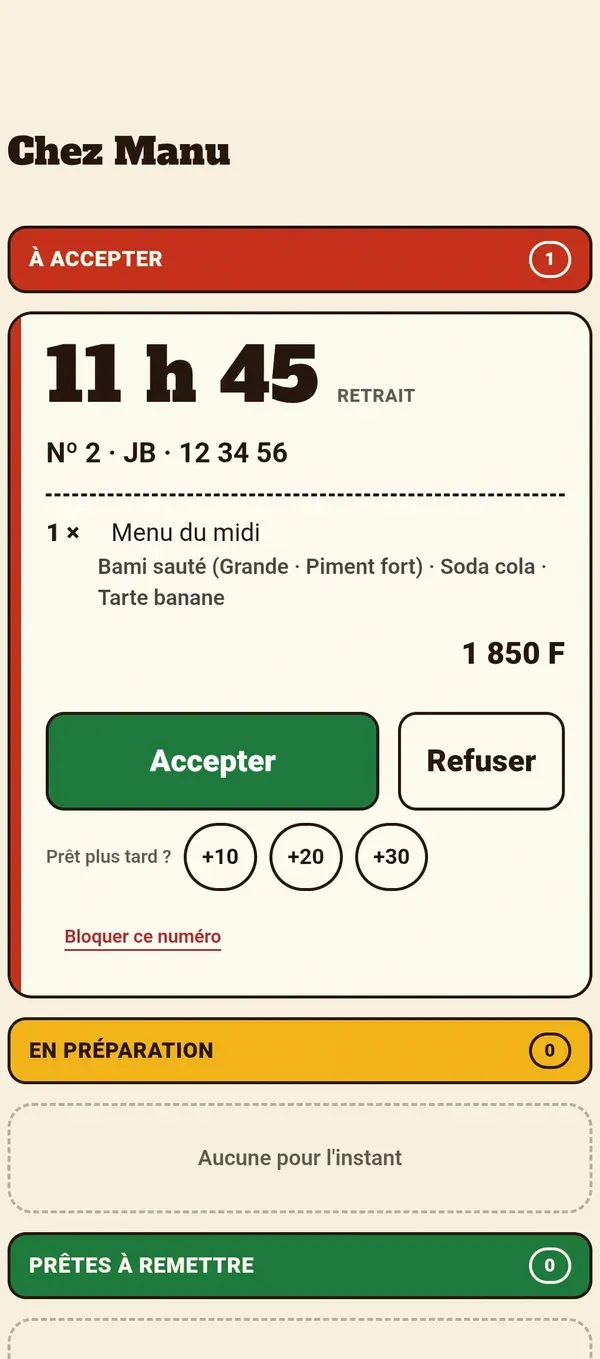 Écran Mes commandes du back-office : une commande entrante, avec les boutons Accepter et Refuser