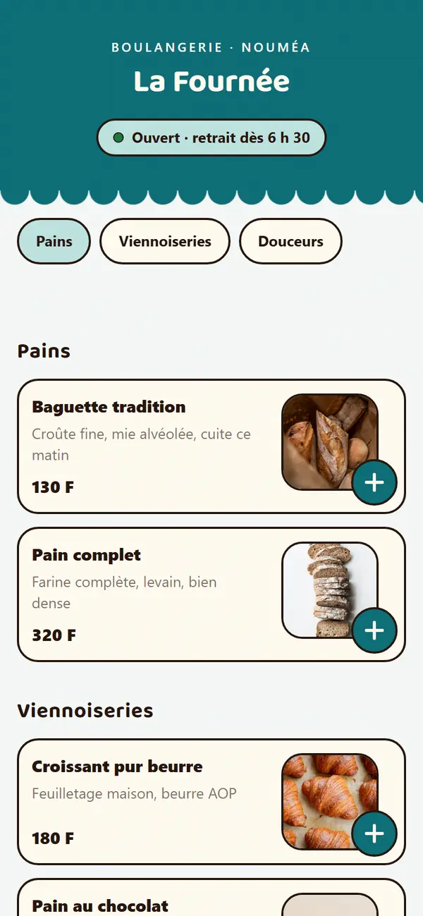 Autre page de commande Tal, aux couleurs d'une boulangerie